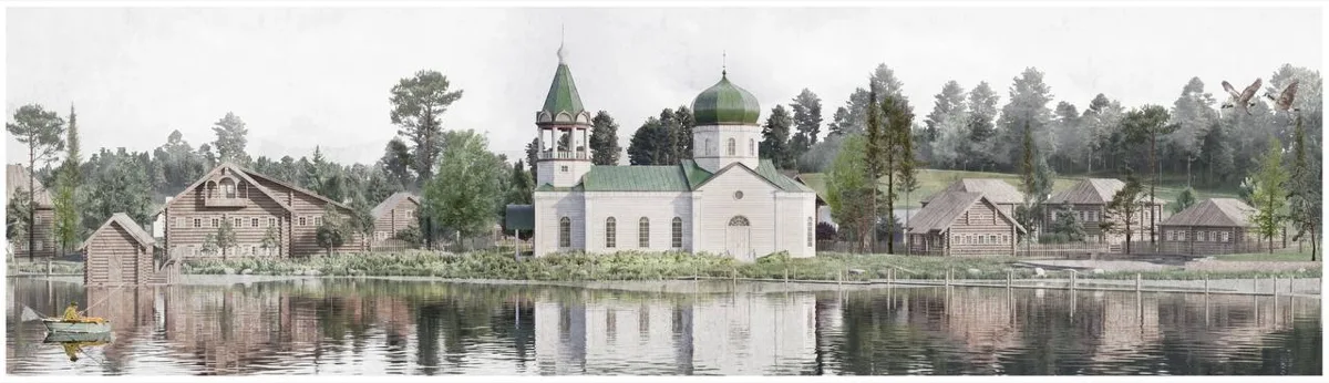 Панорама вдоль берега: в центре церковь с зелёными главкой и шатровой колокольней, по сторонам бревенчатые избы, на воде отражение и лодка